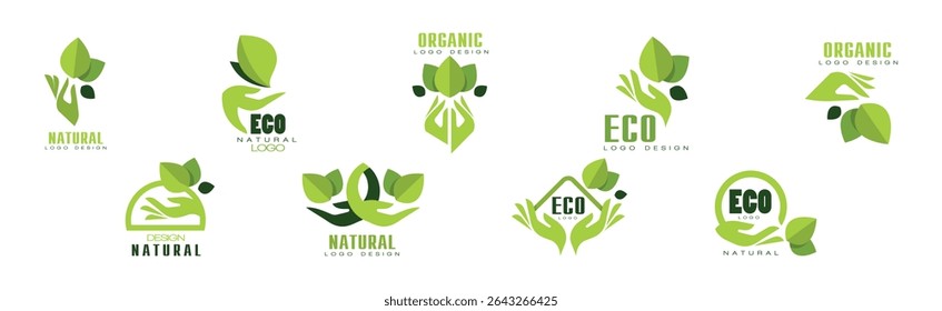 Bright Green Eco Label and Organic Sticker with Leaf Vector Set