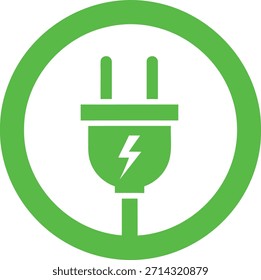 Un icono de enchufe eléctrico verde brillante con un rayo en el interior, ubicado dentro de un círculo verde a juego, aislado en un fondo blanco puro, que simboliza la electricidad y el poder.