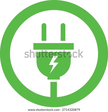 A bright green electric plug icon with a lightning bolt inside, set within a matching green circle, isolated on a pure white background, symbolizing electricity and power.