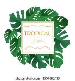 Bright green exotic tropical jungle palm tree monstera leaves. Square rhombus border frame card banner poster template. Exotic jungle, rainforest, greenery. Monstera palm leaves. Text placeholder. 