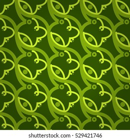 Bright green fancy seamless pattern background in liner style. Entangled tessellated repeatable backdrop. Classic design. Vivid, contrast design for wallpaper, packing-paper, carpet or other purpose.