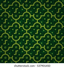 Bright green fancy seamless pattern in labyrinth style. Vector background.