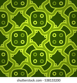 Bright green fancy seamless pattern in ritual style. Entangled tessellated repeatable backdrop. Retro decor. Vivid, symmetrical design for surface, textile, banner or other purpose. Vector background.