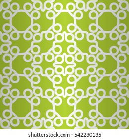 Bright green fancy seamless pattern in carpet style. Colorful, symmetric design for ads, banner, surface or other purpose. Complicated puzzle repeatable backdrop. Contemporary design.