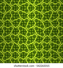 Bright green fancy seamless pattern in alien style. Vivid, symmetric design for wallpaper, web, banner or other purpose. Simple mosaic repeatable backdrop. Contemporary tracery.