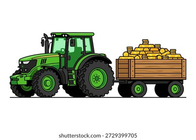 Tractor agrícola verde brillante tirando de un remolque de madera lleno de relucientes barras de oro, lo que indica prosperidad