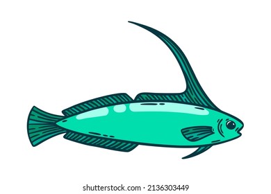 Bright green fish, hand drawn vector illustration. Restaurant sea food menu graphic item isolated over white.