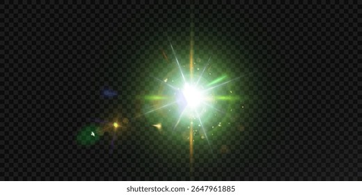 Flash verde brilhante com raios de luz e brilho suave em um fundo escuro. Efeito de luz com brilho e brilho.