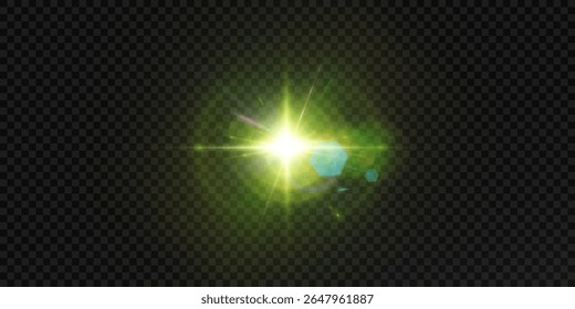 Flash verde brilhante com raios de luz e brilho suave em um fundo escuro. Efeito de luz com brilho e brilho.