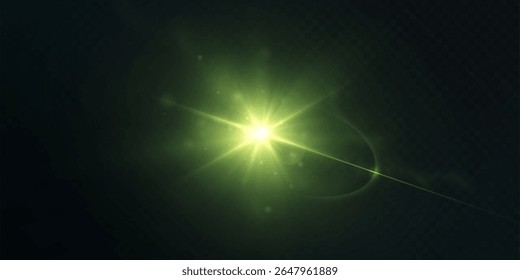 Flash verde brilhante com raios de luz e brilho suave em um fundo escuro. Efeito de luz com brilho e brilho.