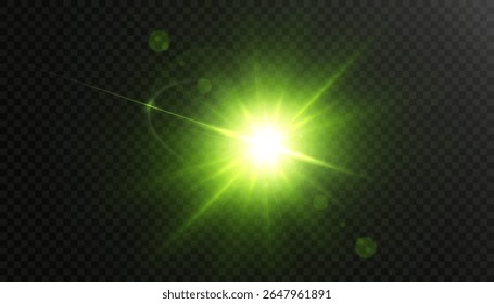 Flash verde brilhante com raios de luz e brilho suave em um fundo escuro. Efeito de luz com brilho e brilho.