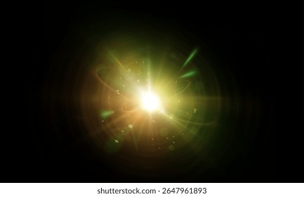 Flash verde brilhante com raios de luz e brilho suave em um fundo escuro. Efeito de luz com brilho e brilho.