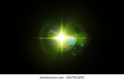 Flash verde brilhante com raios de luz e brilho suave em um fundo escuro. Efeito de luz com brilho e brilho.