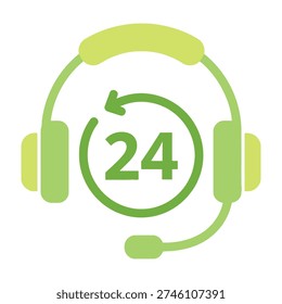 Bright green flat design headphones icon with circular arrow and number twenty four symbolizing continuous support and round the clock availability for customer service or help