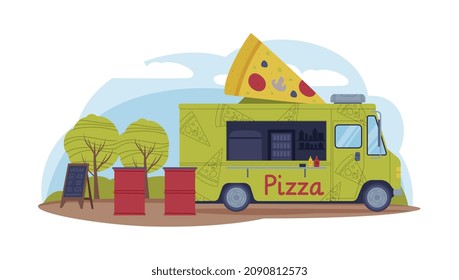 Bright Green Food Truck in Park Area Cooking and Selling Street Food Vector Illustration