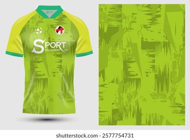 A bright green football shirt, the design is divided into two parts, a dark green and a light green, which creates depth and interest to the shirt. The top has a collar that uses a dark green color.