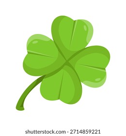 Bright green four leaf clover with heart shaped leaves in cartoon style on a white background. Concept of good luck and St. Patricks Day. Vector illustration