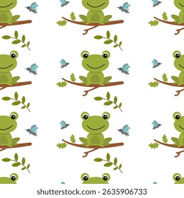 Bright green frogs sitting on branches with insects in a playful pattern created for children’s decor and materials. Seamless pattern in flat style. Vector illustration.