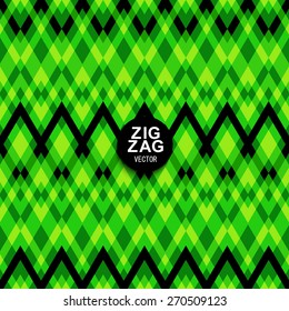 Bright green geometric chevron pattern with black lines. Zigzag pattern trend.