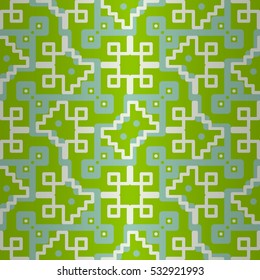 Bright green geometric seamless pattern background in maze style. Contemporary decor. Knotty tessellated repeatable backdrop.