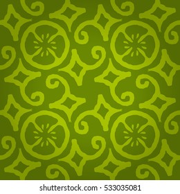 Bright green geometric seamless pattern background in aztec inspired style. Actual design.