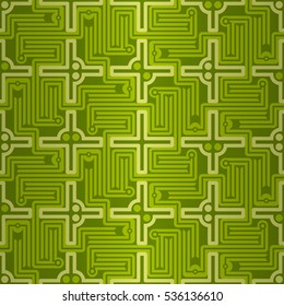 Bright green geometric seamless pattern in labyrinth style.