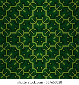 Bright green geometric seamless pattern in maze style. Vector background. Actual texture. Shining, graphic design for textile, wallpaper, web or other purpose.