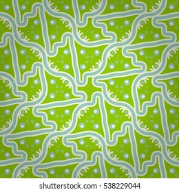Bright green geometric seamless pattern in alien style. Clean tessellated repeatable backdrop. Colorful, symmetric design for game, ads, wallpaper or other purpose. Vector background.