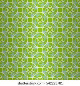 Bright green geometric seamless pattern in knot style. Vivid, graphic design for banner, curtain, carpet or other purpose. Vector background. Modern motif. Clean puzzle repeatable backdrop.