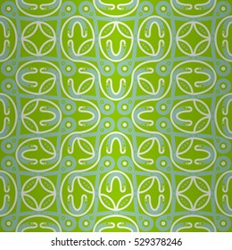 Bright green geometrical seamless pattern background in tribal style. Actual tracery. Bright, symmetrical design for fabric, carpet, game or other purpose. Clean puzzle repeatable backdrop.