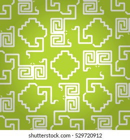 Bright green geometrical seamless pattern background in tribal style. Colored, symmetrical design for packing-paper, game, web or other purpose. Knotty puzzle repeatable backdrop.