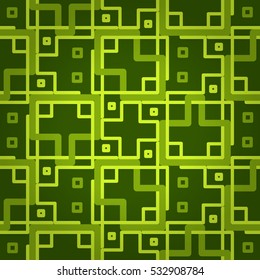 Bright green geometrical seamless pattern background in maze style. Tangled puzzle repeatable backdrop. Shining, symmetric design for carpet, packing-paper, textile or other purpose. Classic decor.