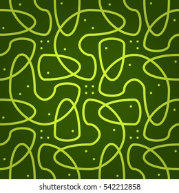 Bright green geometrical seamless pattern in confetti style. Modern decor. Colored, graphical design for carpet, curtain, packing-paper or other purpose. Intricate puzzle repeatable backdrop.