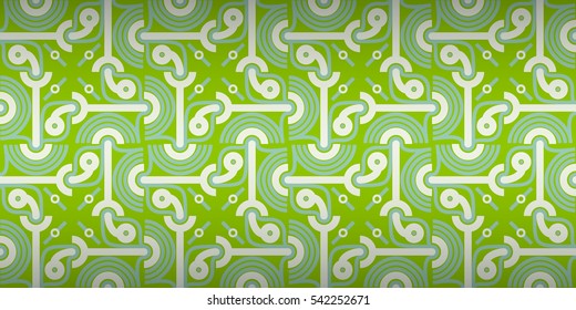 Bright green geometrical seamless pattern in alien style. Tangled puzzle repeatable backdrop. Colored, graphic design for packing-paper, carpet, ads or other purpose. Actual decor. Vector background.