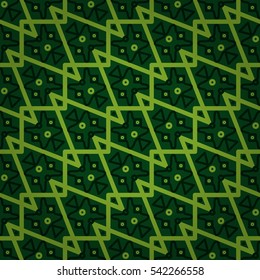 Bright green geometrical seamless pattern in tribal style. Vector background. Shining, graphic design for packing-paper, web, carpet or other purpose.