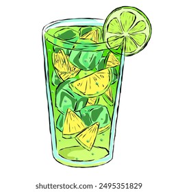 bright green glass with a refreshing drink with lime lemons and ice cubes. Vector illustration transparent tall glass with beautiful lemonade with bubbles drawn in sketch style with a black freehand