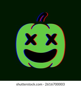 Bright green glitchy pumpkin with X eyes and a wide creepy smile in retro anaglyphic style.