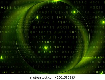 Bright green glowing tech background with binary code numbers. Vector design