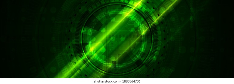 Bright green glowing technology banner design with HUD gear. Abstract vector background