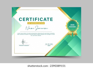 Bright green and gold geometric effect achievement certificate template. vector illustration