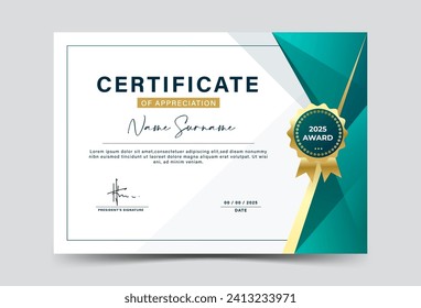 Bright green and gold geometric effect achievement certificate template