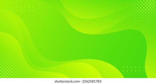 Bright green gradient abstract fluid wave background with halftone, modern dynamic wallpaper. Suitable for templates, sales banners, business, ads, events, web and pages