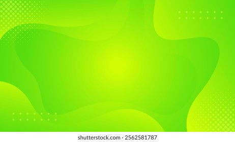 Bright green gradient abstract fluid wave background with halftone, modern dynamic wallpaper. Suitable for templates, sales banners, business, ads, events, web and pages