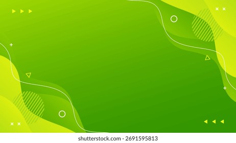 Fundo de onda fluida gradiente verde brilhante com formas geométricas. Papel de parede dinâmico moderno. Design moderno de modelo de banner para vendas, negócios, anúncios, eventos, sites, páginas e muito mais