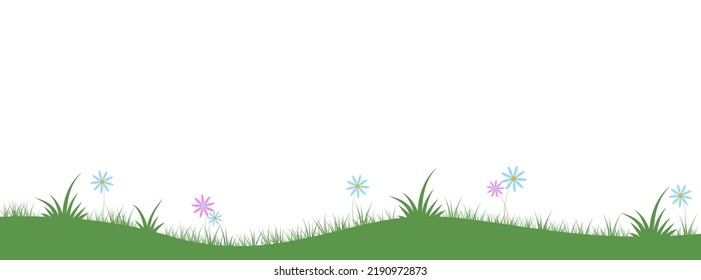 Borde de hierba verde brillante con flores de primavera. Plantilla para decorar tarjetas de Pascua, afiches, banners. Ilustración del vector sobre fondo blanco