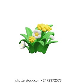Bright green grass with cheerful yellow and white flowers. Vector illustration icon of vibrant foliage with a playful 3D style. Ideal for nature, spring, and garden-themed designs.