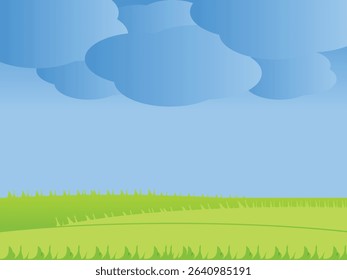 Bright green grass field under a clear blue sky. Perfect natural background for spring, summer, and outdoor themes. Ideal for design, web, banner, and nature related content