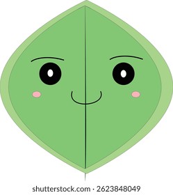 Bright green happy leaf with a smiling face. Ideal for children’s materials, positive visuals, and environmental icons.