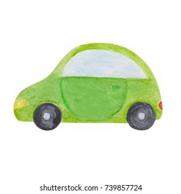 Bright green hatchback car watercolor brush paint imitation, kids drawing naive style, single isolated object on white background, for boys and girls print theme.