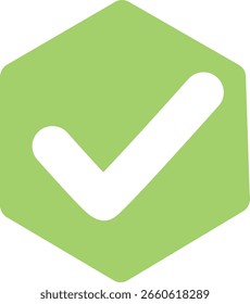 Hexágono verde brillante con la esquina aguda y el cheque blanco. Icono de éxito simple para insignias o tareas.